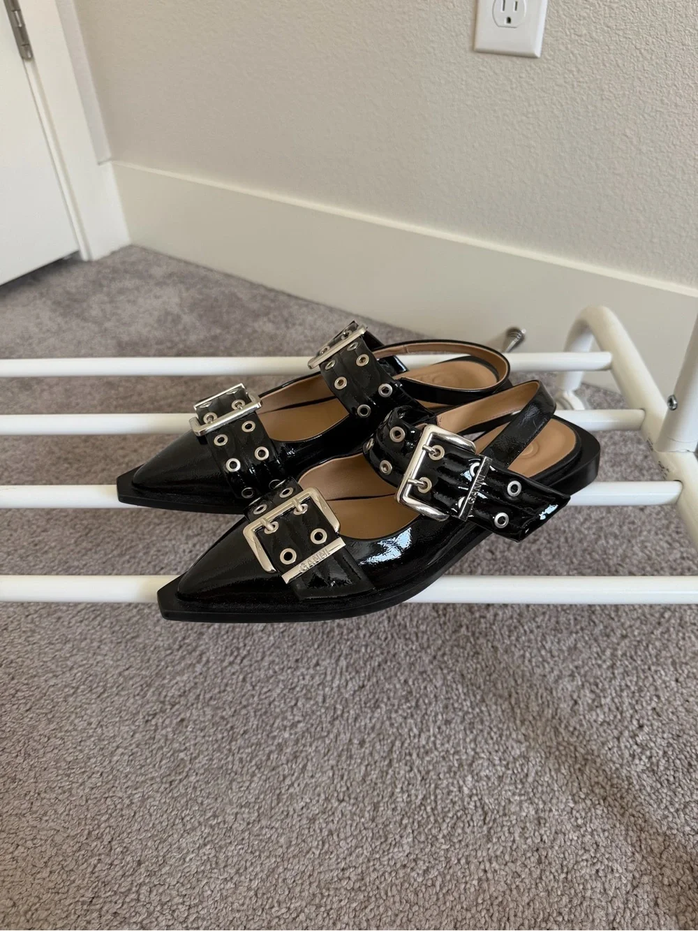 Ganni Black Patent Pointed Buckle Flats - Picture 2 of 5